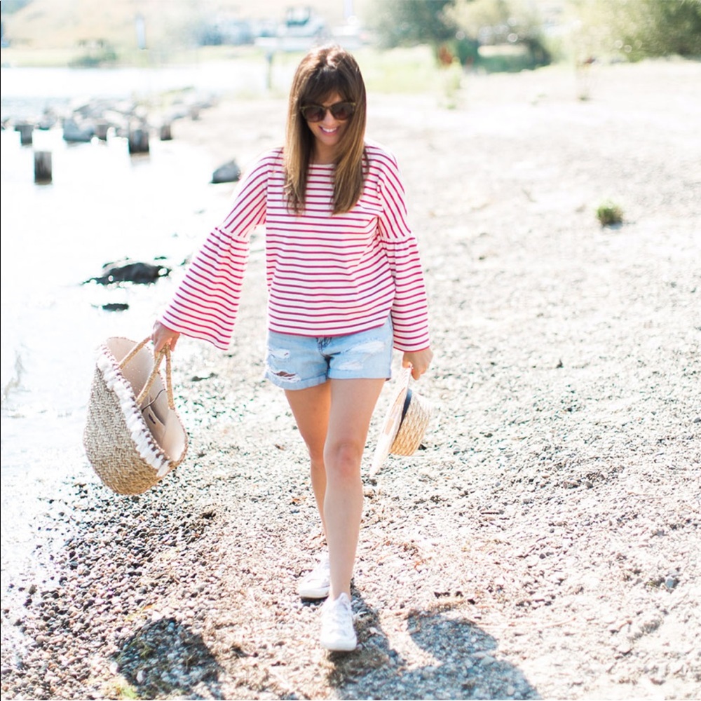 J Crew red stripe bell sleeve top